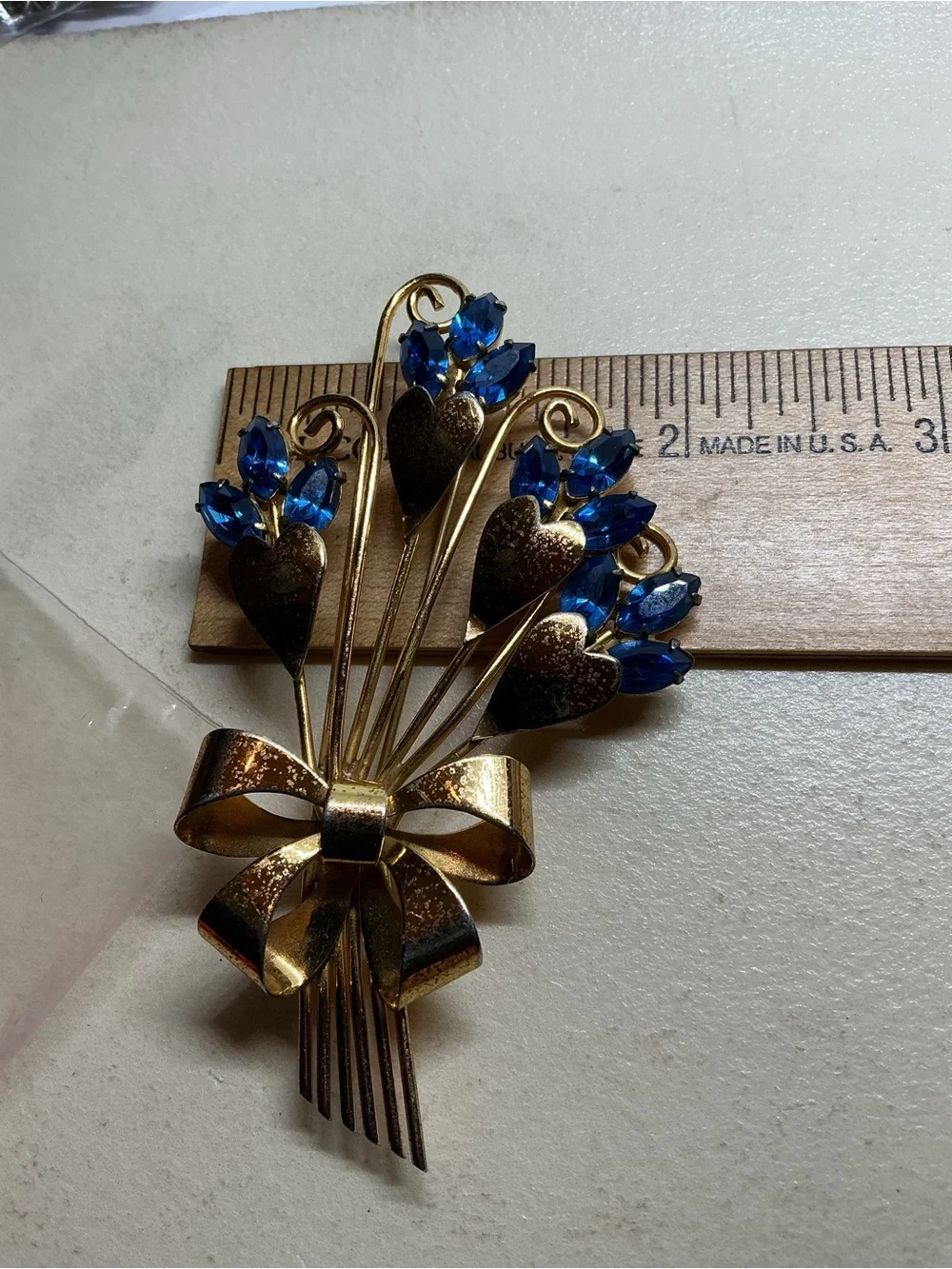“Vintage Sterling Silver Vermeil Flower Bouquet Bow Brooch Blue Rhinestones